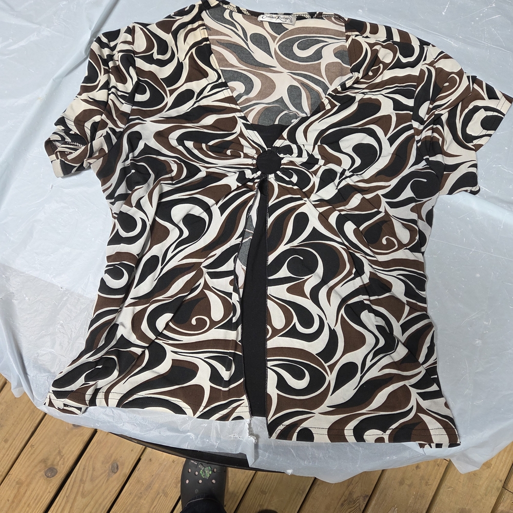 Claudia Richard Brown Black Cream Swirl Knot-Front Top